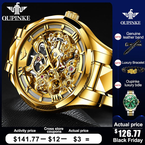 Swiss Brand OUPINKE Luxury Men Watches Automatic Gold Watch Men Tungsten Steel Waterproof 5ATM Business Mechanical Wristwatch