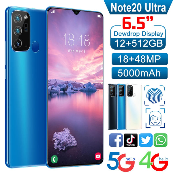 4G 5G Note20 Ultra Mobile Phone 10core 8G 256G Dual Card 6.7” Full-Screen Ultrabook Global Telefones Celulares Smartphone Google