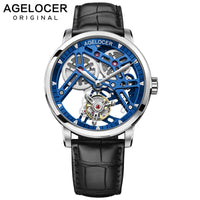 AGELOCER Skeleton Mechanical Tourbillon Men Watch Waterproof Leather Swiss Brand Luxury Blue Tourbillon relogio masculino