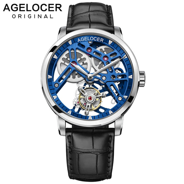AGELOCER Skeleton Mechanical Tourbillon Men Watch Waterproof Leather Swiss Brand Luxury Blue Tourbillon relogio masculino