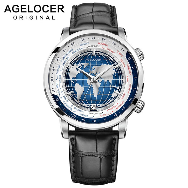 AGELOCER Swiss Brand Designer Men's Watch with World Time Date Power Reserve 80 Hours Self-winding Mechanical Automatic Watches