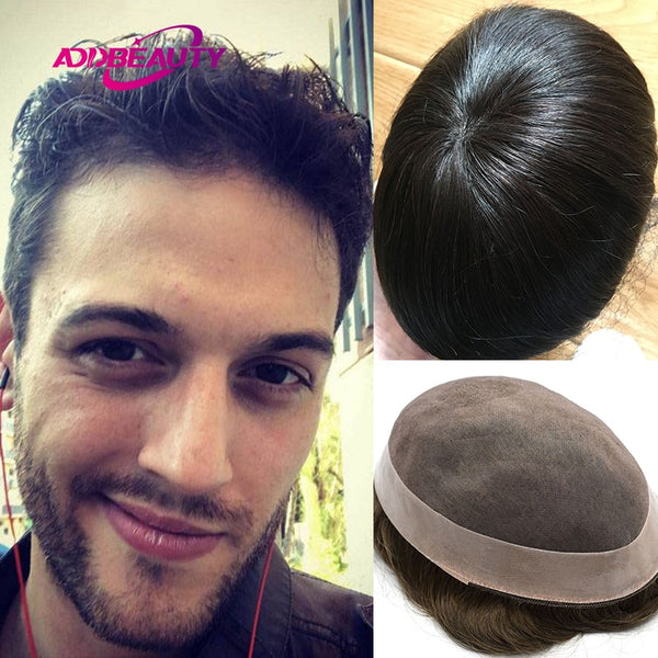 AddBeauty Man Toupee Replacement Systems Mono NPU Handmade Men Wig Hairpiece 30mm Wave Natural Remy Indian Human Hair 6 Inch