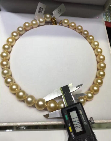 free shipping Noble jewelry 45cm 13-14MM NATURAL SOUTH SEA GOLD ROUUND PEARL NECKLACE AAAAslightly flawed
