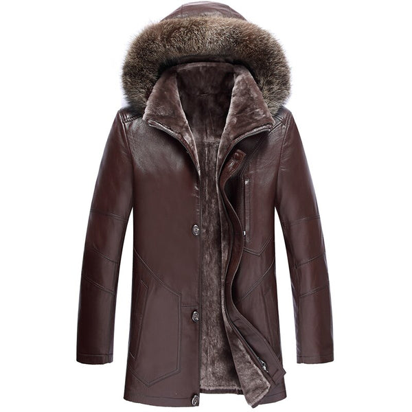 Long Big Real Fur Collar Mens Winter Leather Jackets Thick Plus Size Cashmere Lining Sheepskin Coat Man