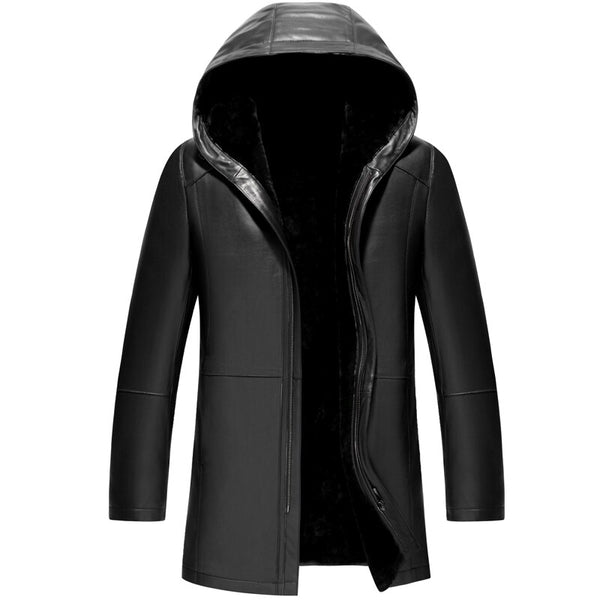 2018 New Long Hooded Parka Veste Cuire Homme Excellent Quality Wool Lining Echt Leren Heren Jas