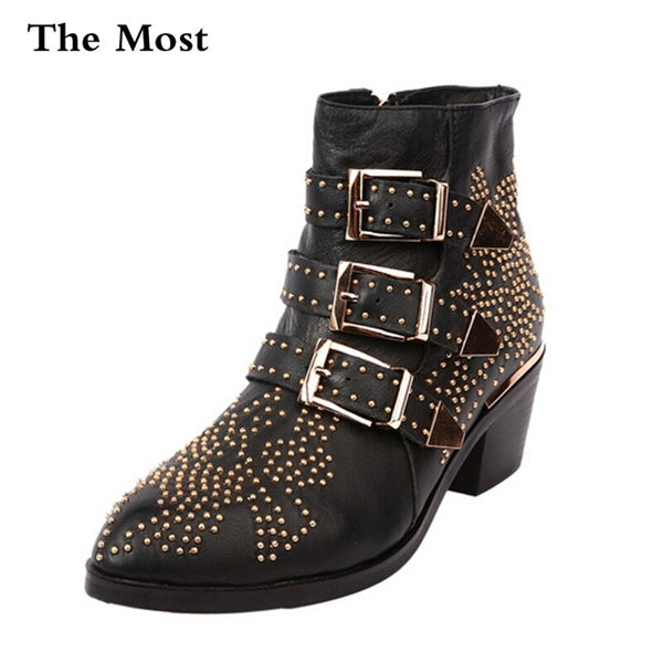 ARQA Winter Genuine Leather Buckle Ankle Boots For Women Pointed Toe Kitten Heels Motorcycle boots Shoes Women zapatos mujer